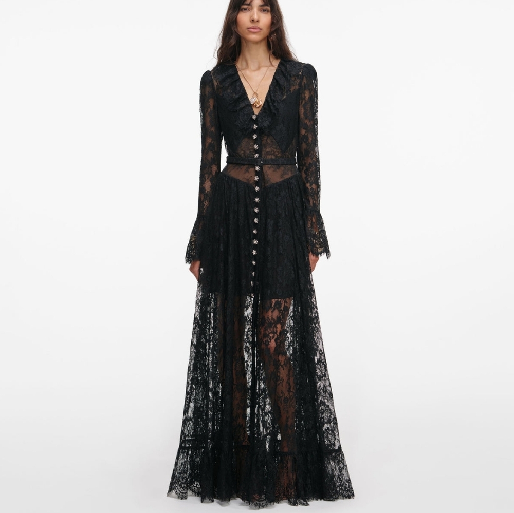 Self Portrait Black Lace Ruffle Maxi Dress